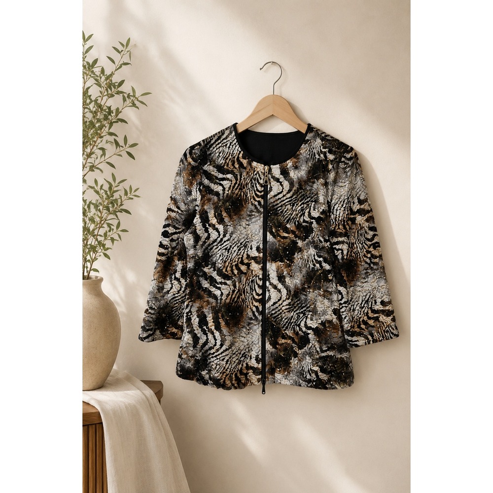 Joseph Ribkoff 2000s Animal Print Sequin Jacket Zip Front Size 10 Made in Canada